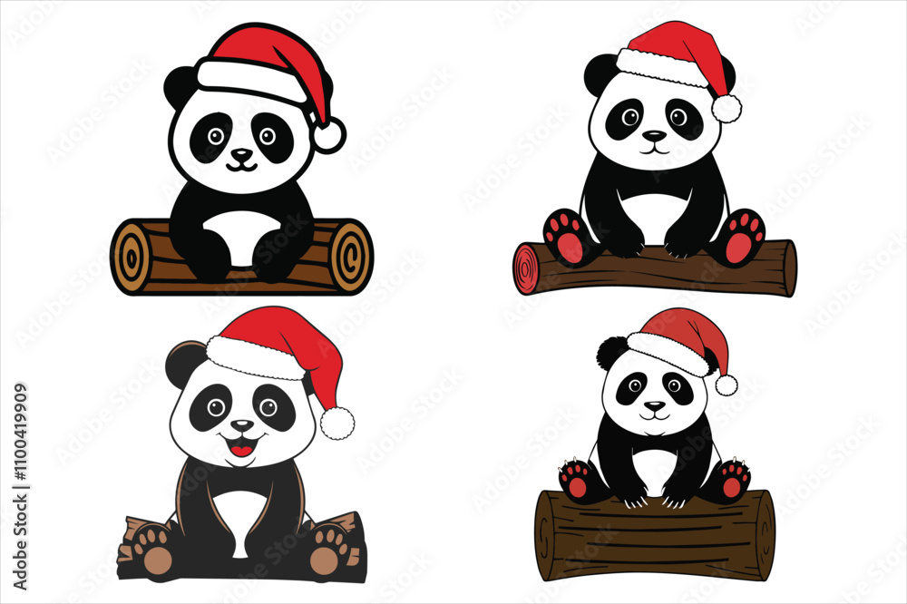 Obraz premium A set of joyful christmas panda with santa hat on white background