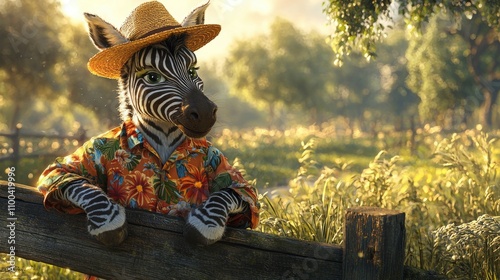 A zebra wearing a straw hat and bright shirt leans against a wooden fence, showcasing its playful smile in a sunny meadow surrounded by greenery photo