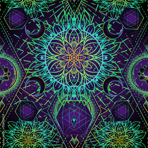 Sacred Geometry seamless pattern. Hindu symbols of wisdom and path to perfect...