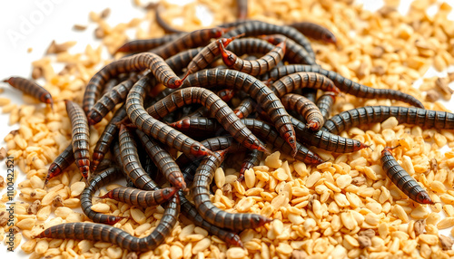 Meal worms or larvae of cereal beetle as protein ingredients of food products isolated highlighted by white, png photo