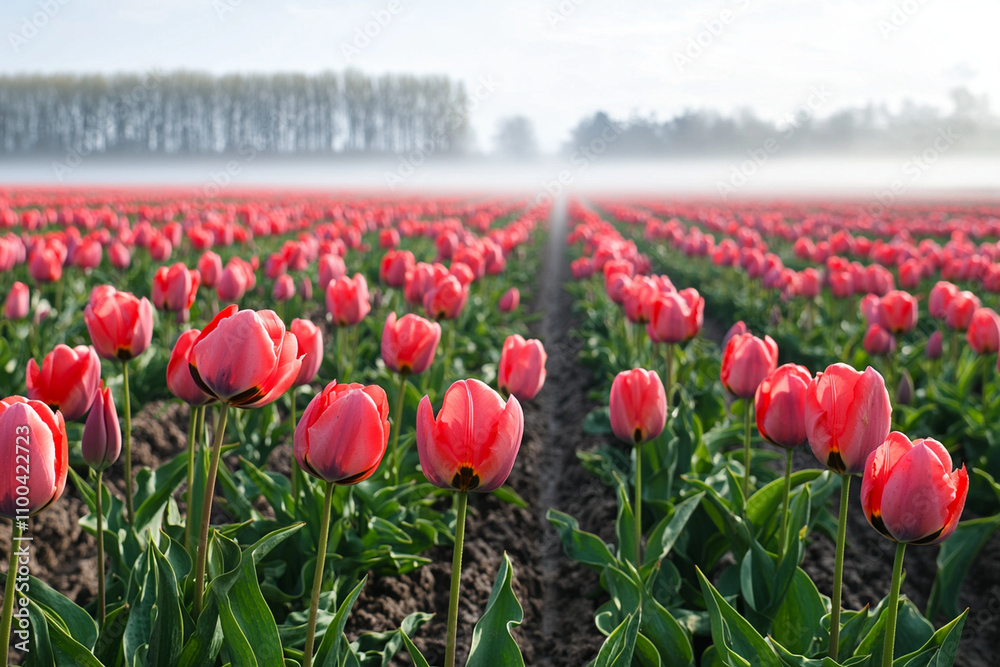 Obraz premium Vibrant tulip field under morning mist in serene landscape