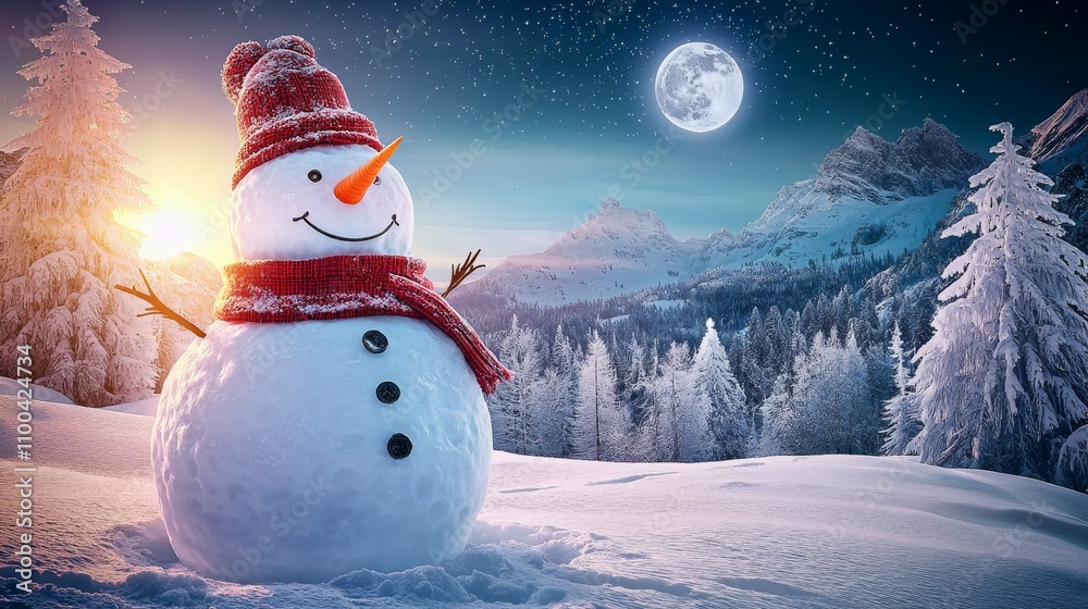 Obraz premium Cute snowman in snowy field, Frosty the snowman in snow covered hills at night. Wearing knit scarf and hat. 