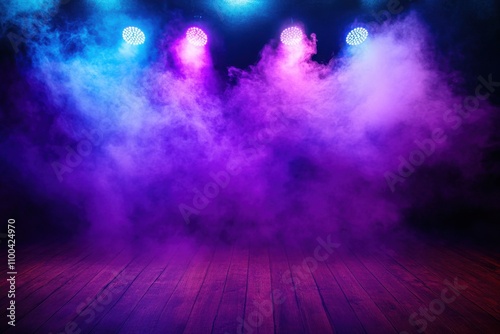 Stage features blue and purple lights, smoke, and wooden flooring.