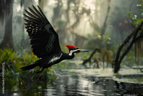 Ivory-billed Woodpecker in flight over a flooded forest, hyper-realistic, dramatic composition photo