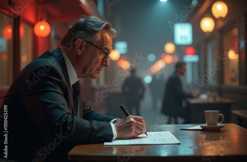 Elderly businessman or lawyer or clerk checks papers in bar on evening street instead of rest. Overwork issue concept photo