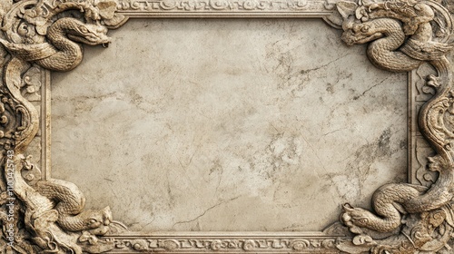 Natural stone texture border featuring carved snake reliefs and traditional Chinese patterns on a marble backdrop. Architectural elegance with rich detail and aged patina effects in 8K resolution.