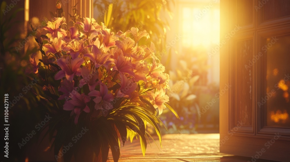 Fototapeta premium A stunning arrangement of flowers sits by an open door, illuminated by the warm morning sunlight. The vibrant colors create a serene atmosphere, inviting nature indoors.