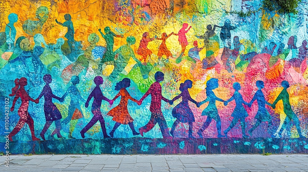 Naklejka premium A vibrant mural depicting diverse figures holding hands, symbolizing unity and community.
