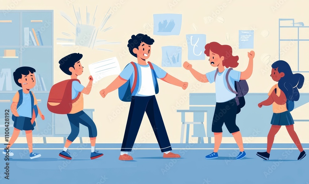 Fototapeta premium Students with backpacks walking, one arguing.