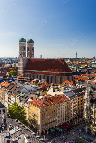 Aerial view on Marienplatz and Frauenkirche in Munich, Germany