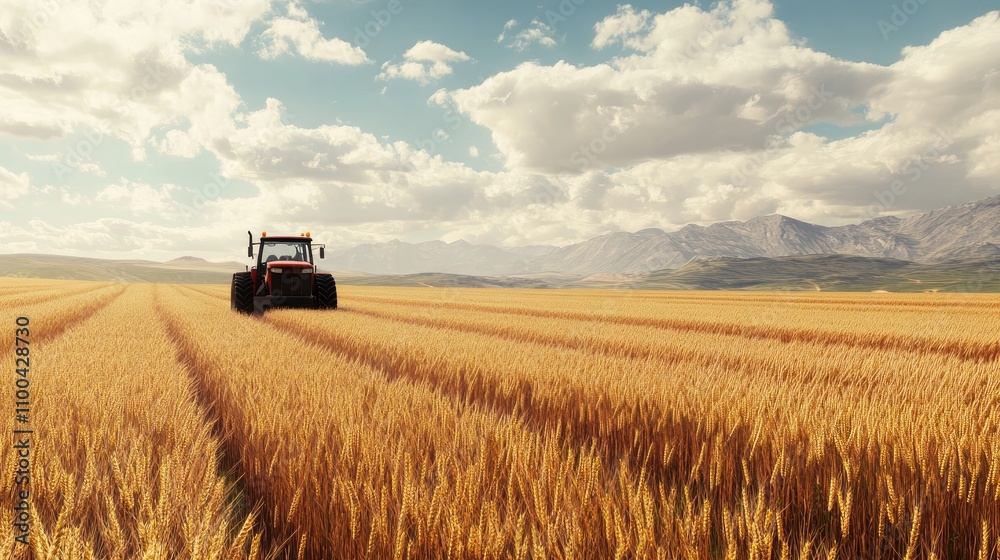 Fototapeta premium A red tractor in a golden wheat field under a blue sky with fluffy clouds, symbolizing agricultural productivity.