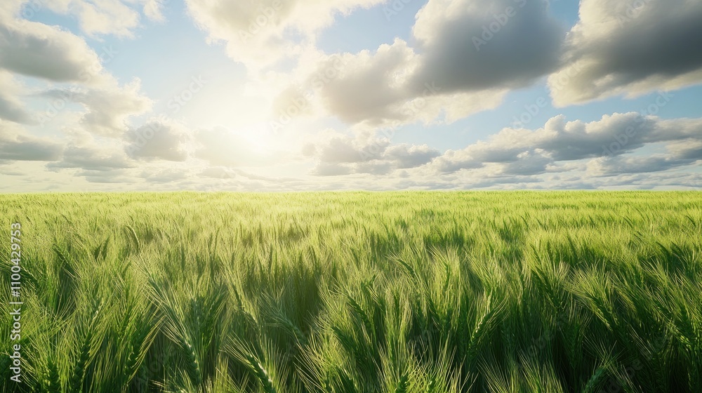 Obraz premium A vibrant green wheat field under a bright, sunny sky with fluffy clouds.