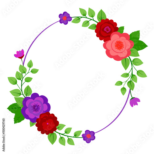 Charming violet and red floral wedding frame with intricate blossoms, a stunning vector illustration perfect for invitations, cards, and romantic designs.