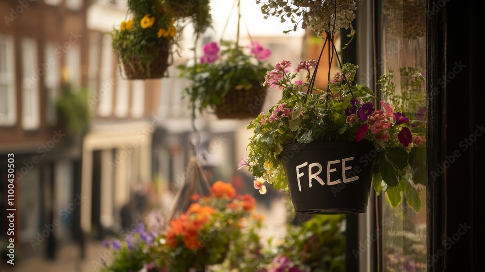 Fototapeta premium Colorful hanging flower baskets adorn a shop front in a charming town, showcasing a sign that offers free flower delivery. Passersby enjoy the lively atmosphere and fragrant blooms.
