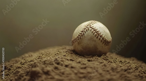 Minimal close up of a baseball resting on a dirt mou AI generated illustration photo