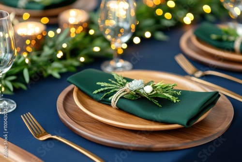 Elegant dining table setup with navy blue runner, green napkins, and warm lighting for a modern atmosphere photo