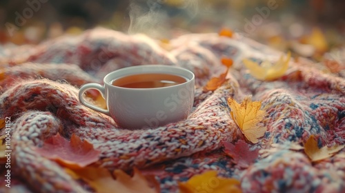 Warm Autumn Tea Amidst Colorful Fallen Leaves photo