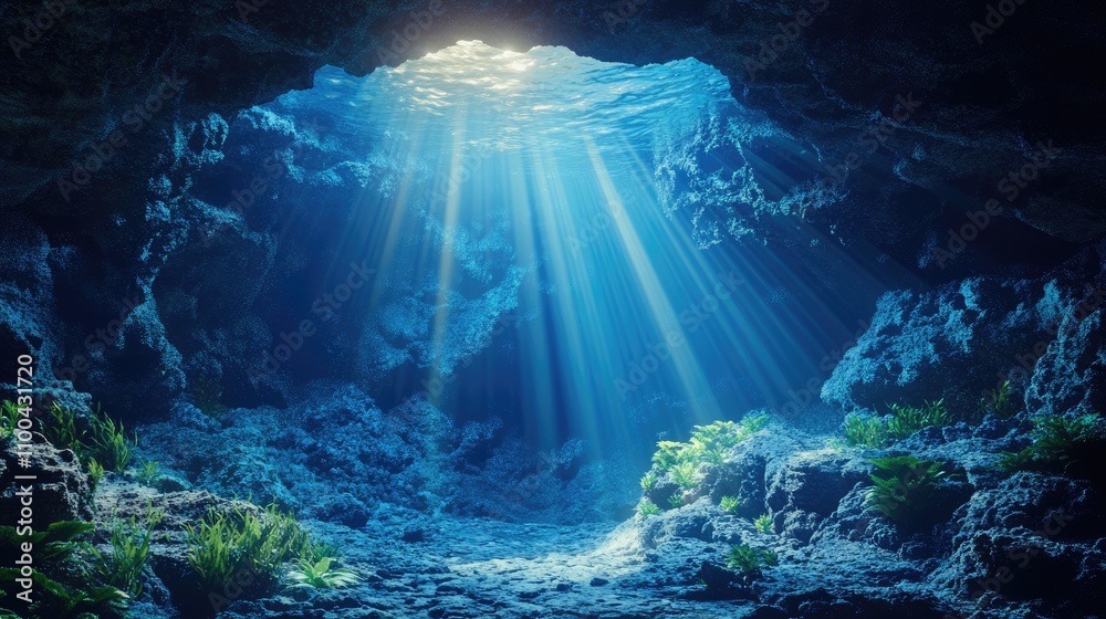 Obraz premium A serene underwater cave illuminated by soft rays of light, showcasing lush aquatic plants and textured rock formations.