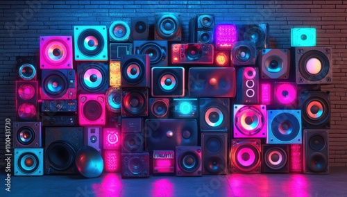 In a 3D illustration, speakers are shown against an old brick wall, bathed in muted light. photo