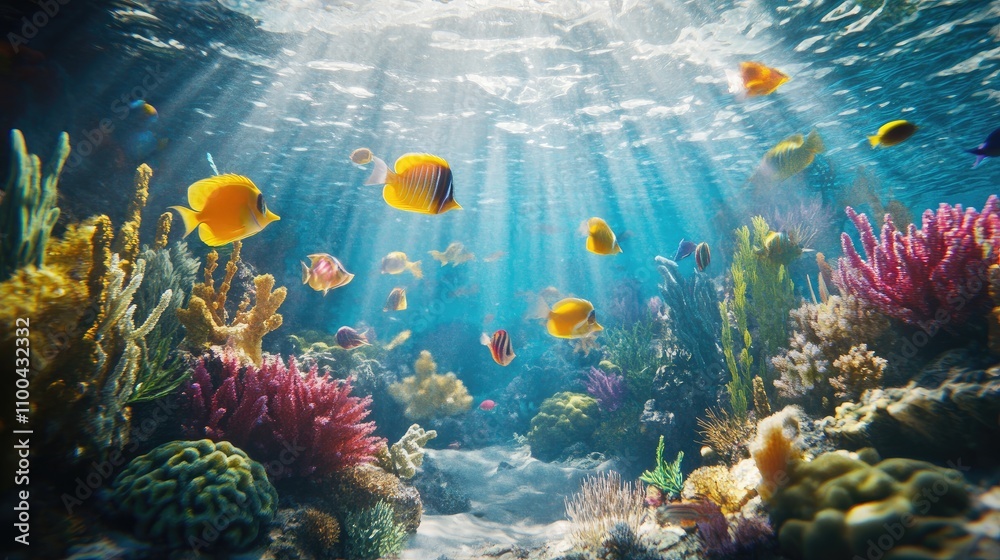 Obraz premium A vibrant underwater scene showcasing colorful tropical fish and coral reefs.