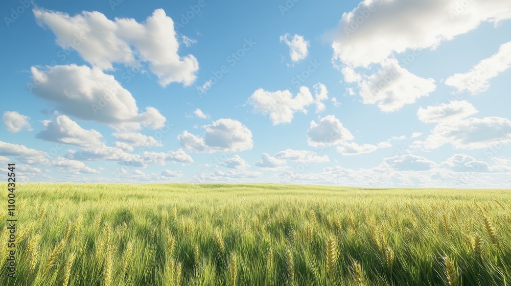 Obraz premium Vast golden wheat field under a bright blue sky with fluffy white clouds.