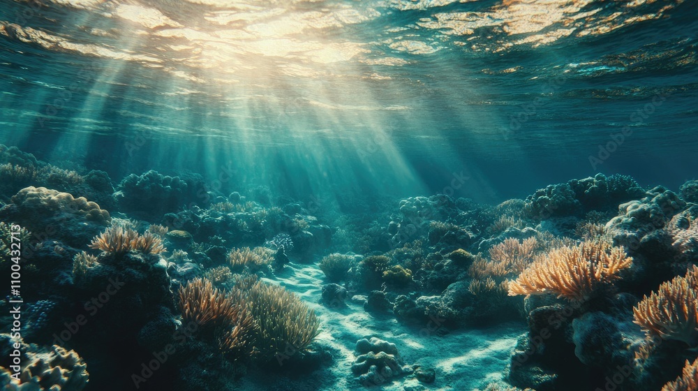 Obraz premium Stunning underwater scene showcasing vibrant coral reefs illuminated by sunlight.