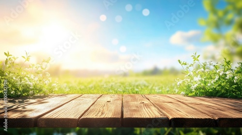 A vibrant wooden table in a sunlit meadow, surrounded by blooming flowers under a clear blue sky.