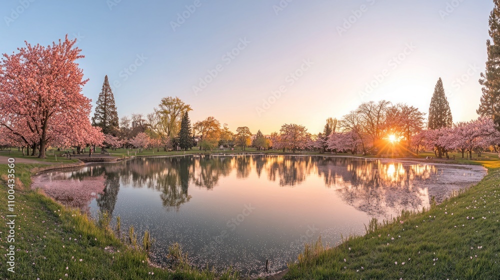 Fototapeta premium Serene Cherry Blossom Lake View with Scenic Sunset Reflection Panorama