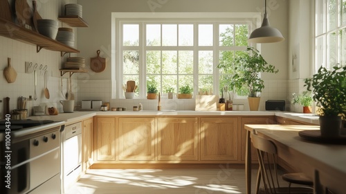 Sunlit Modern Kitchen Interior with Plants and Wooden Furniture  Warm and Inviting Atmosphere