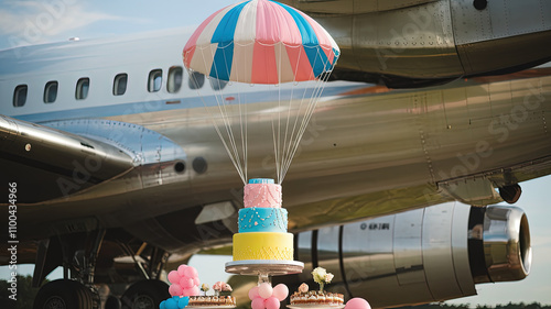 Colorful Tiered Cake Parachuting from an Airplane with Balloons and Desserts in a Unique Outdoor Celebration Setting