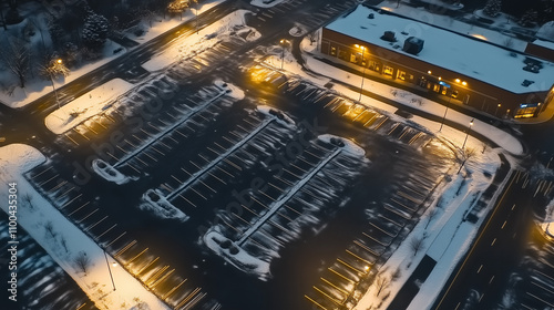A high angle view of a parking lot where the snow has been removed. Winter snow removal concept - snow plow, facility management and maintenance services. Nighttime.