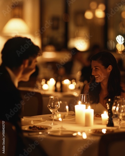 A romantic dinner experience  a couple s intimate evening at a candlelit fine dining restaurant photo