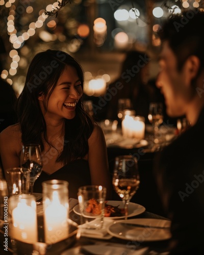 Romantic evening  a couple savoring an intimate dinner at a candlelit fine dining restaurant