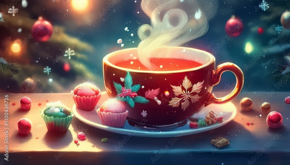 Fototapeta premium 크리스마스 분위기의 찻잔 속에서 김이 오르는 차와 옆에 놓인 작은 과자