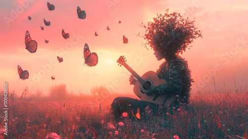 A digital art piece showcases a creature with a branch head, playing a magical banjo-like string instrument, with glowing butterflies floating nearby, in an illustration painting.