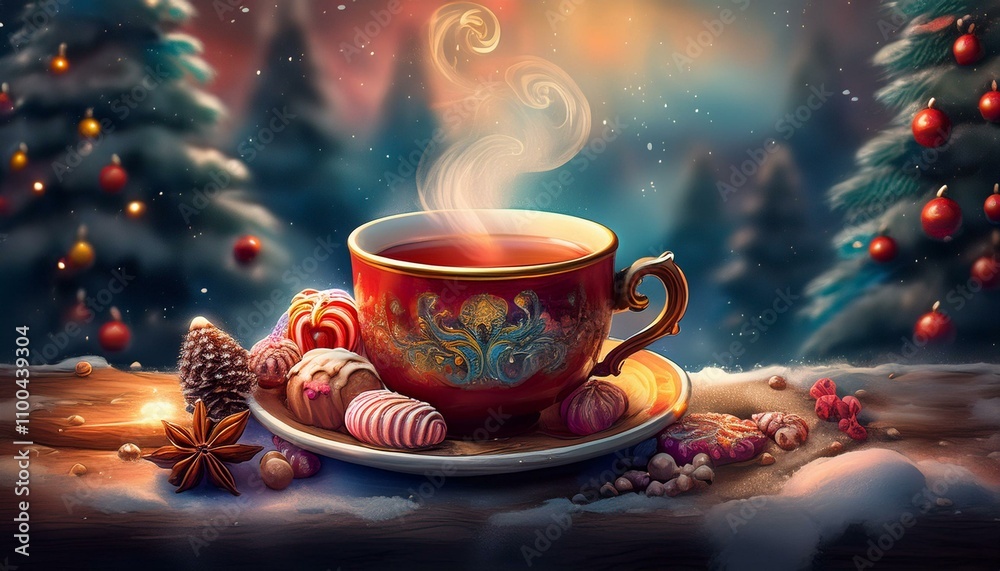 Obraz premium 크리스마스 분위기의 찻잔 속에서 김이 오르는 차와 옆에 놓인 작은 과자