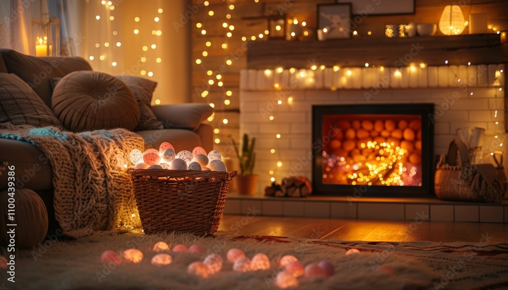 Cozy living room featuring a warm fireplace and an easter basket overflowing with treats Cozy living room featuring a warm fireplace and an easter basket overflowing with treats
