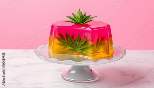 Mello Jello: Edible Arrangement of Cannabis baked into Jello Mold Served on Cake Stand on Marble Counter with Pink Background isolated highlighted by white, png