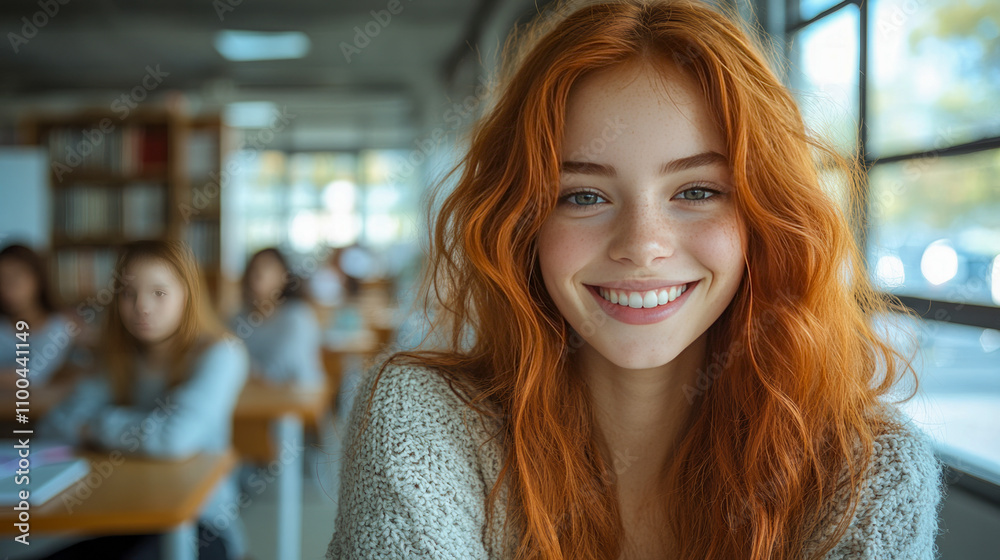 Fototapeta premium Young caucasian female student smiling in classroom with natural red hair
