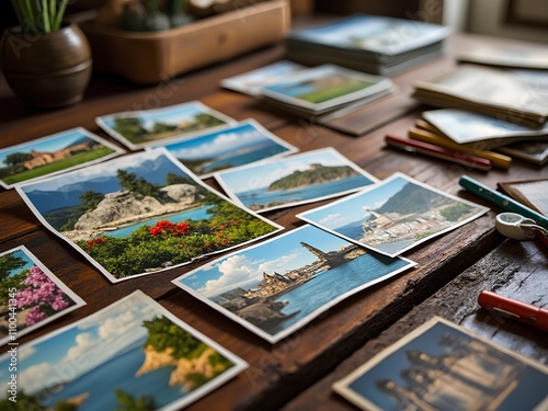 Post card collection of beautiful scenery from vacation for remembrance, on a wooden table photo