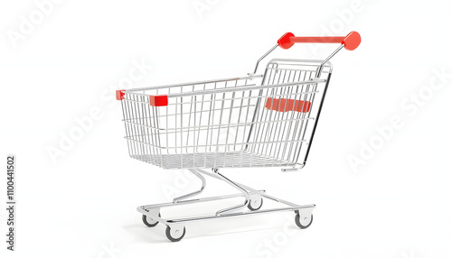 Empty shopping cart with red handles angled view isolated highlighted by white, png photo