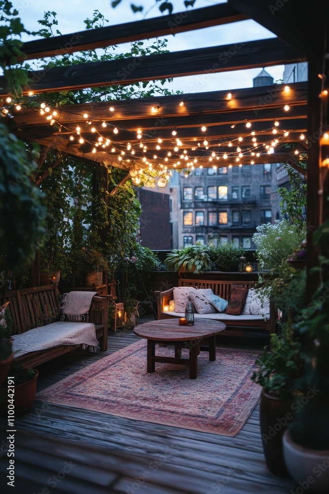 Fototapeta premium Romantic rooftop garden, string lights, cozy seating.