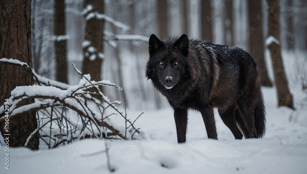 Obraz premium Black wolf in the winter forest