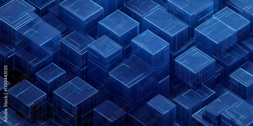 Obraz premium Abstract blue geometric cube pattern with neon grid lines