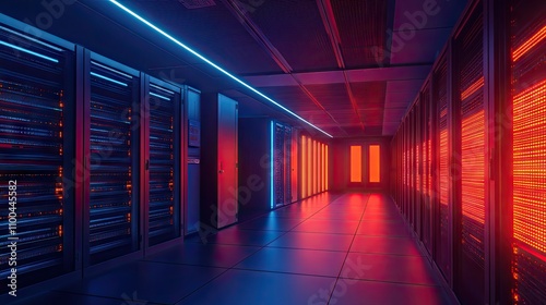 Futuristic data center featuring sleek server racks illuminated with blue and red LED lights.