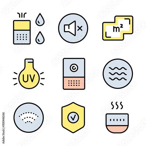 Air purifier and humidifier machine color icons sets. Home device for air purification filtering. Electronic devices. Home climate. Moisture content. Simple flat Air Humidifier icons for templates, we