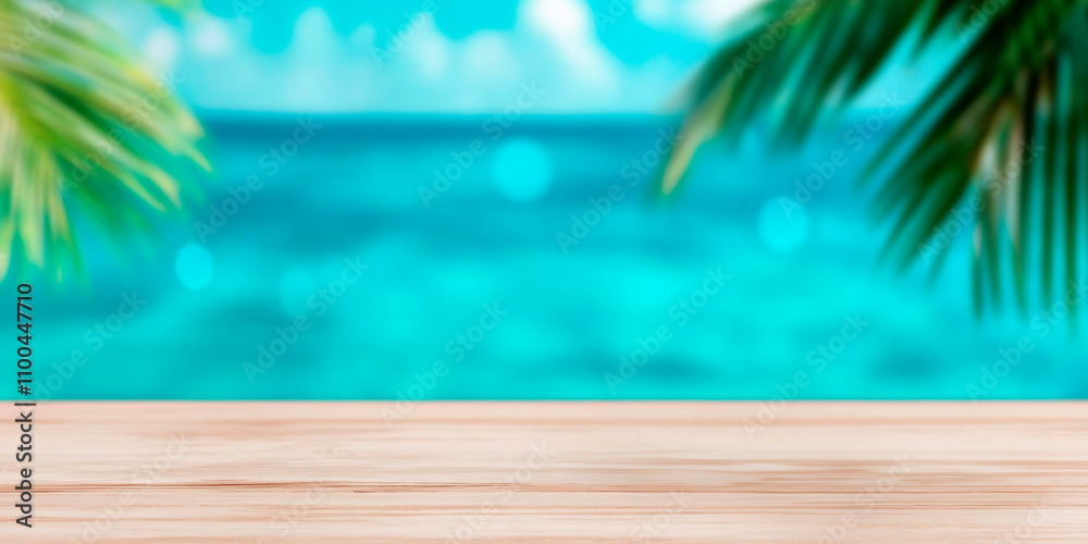 Blurred tropical beach with turquoise sea and palm leaves framing a wooden surface. Perfect for travel advertisements, summer promotions, and vacation-themed designs. Blurred tropical beach with turquoise sea and palm leaves framing a wooden surface. Perfect for travel advertisements, summer promotions, and vacation-themed designs.
