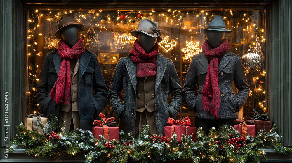 Naklejka premium Three mannequins in stylish winter coats and hats stand in a festive shop window, adorned with Christmas lights and greenery. Presents sit below.