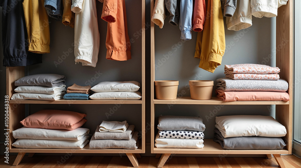 Organized wardrobe with hanging clothes and neatly folded items on shelves Organized wardrobe with hanging clothes and neatly folded items on shelves