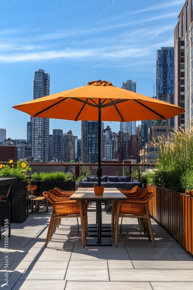 Fototapeta premium Orange umbrella shades rooftop patio, city view.